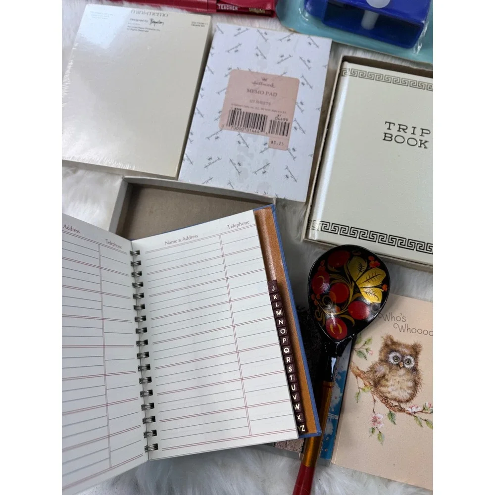 Vintage Owl Trip Book Address Telephone‎ Memo Pad Pencils Wind Sock Set Lot